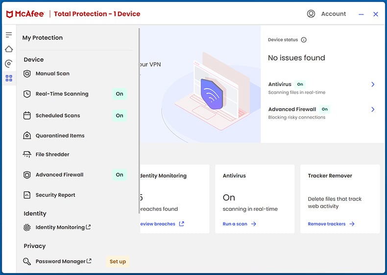 McAfee Total Protection Interfaccia utente