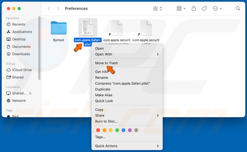 Fare clic con il tasto destro del mouse su com.apple.Safari.plist e fare clic su Sposta nel cestino