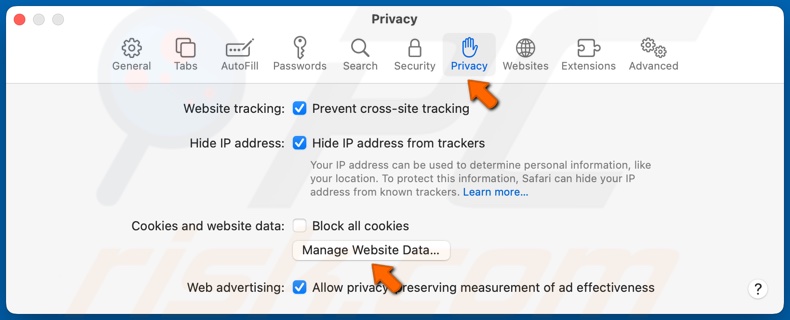 Selezionare la scheda Privacy e fare clic su Gestisci dati del sito web