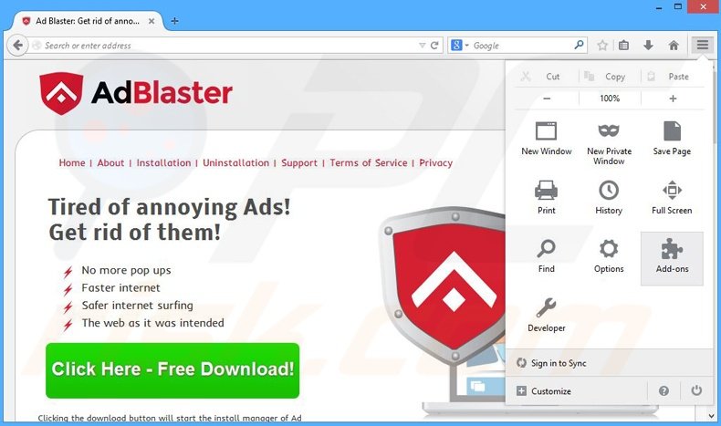 Rimuovere Ad Blaster adware da Mozilla Firefox step 1