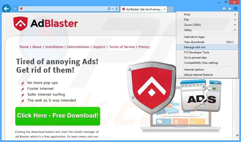 Rimuovere Ad Blaster adware da Internet Explorer step 1