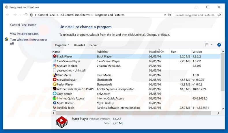 DisinstallareStack Player attraverso il pannello di controllo