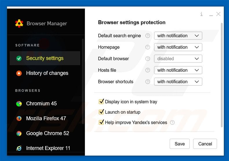 Browser Manager promuove yandex.ru