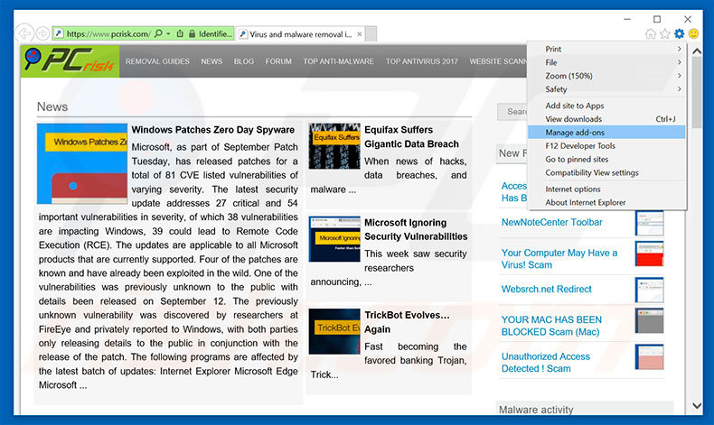 Rimozione di Warning! Malware Detected! da Internet Explorer passo 1