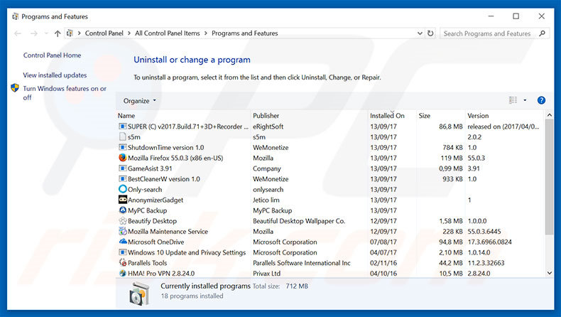 Warning! Malware Detected! disinstallazione dell'adware tramite il Pannello di controllo