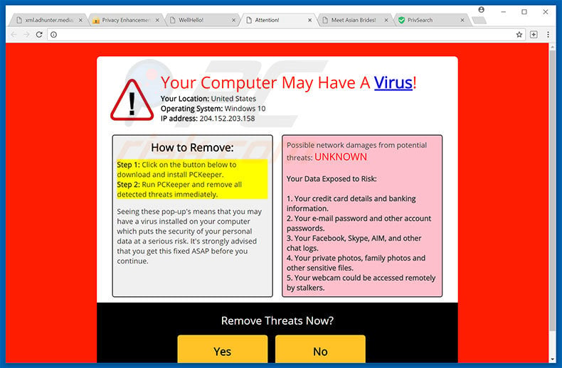 Your Computer May Have A Virus! pop-up truffa