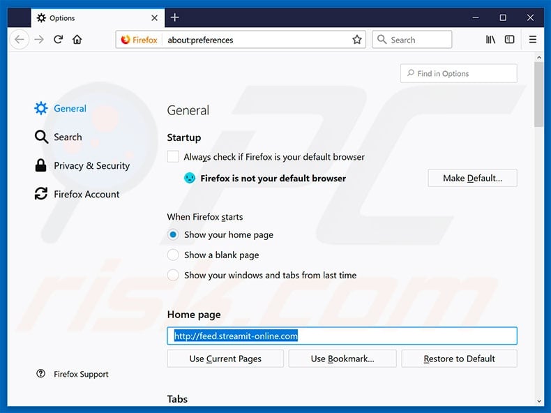 Removing feed.streamit-online.com from Mozilla Firefox homepage
