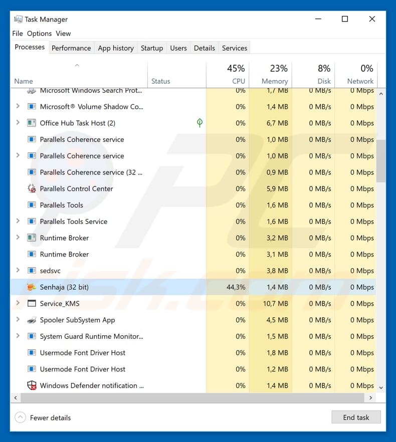 Processo dannoso di LokiBot in Task Manager Senhaja 32-bit