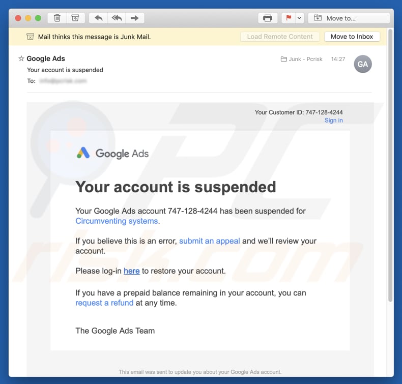 Google Ads - Your account is suspended campagna di spam