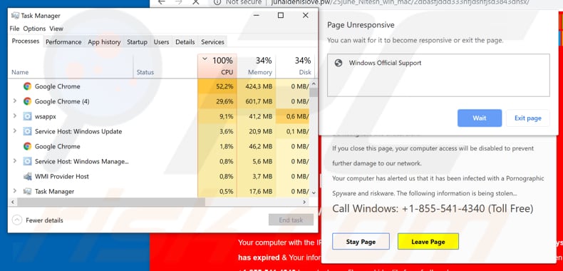 la pagina della truffa tenta di mandare in crash il computer con un utilizzo della cpu pari a 100