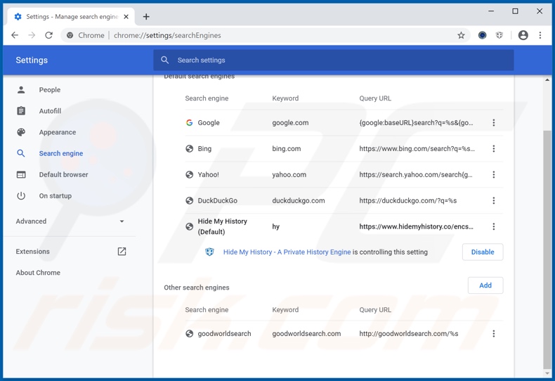 Rimozione di hmyhoroscopetab.com dal motore di ricerca predefinito di Google Chrome