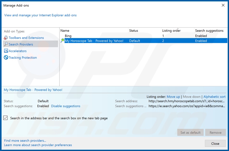 Rimozione di hmyhoroscopetab.com dal motore di ricerca predefinito di Internet Explorer