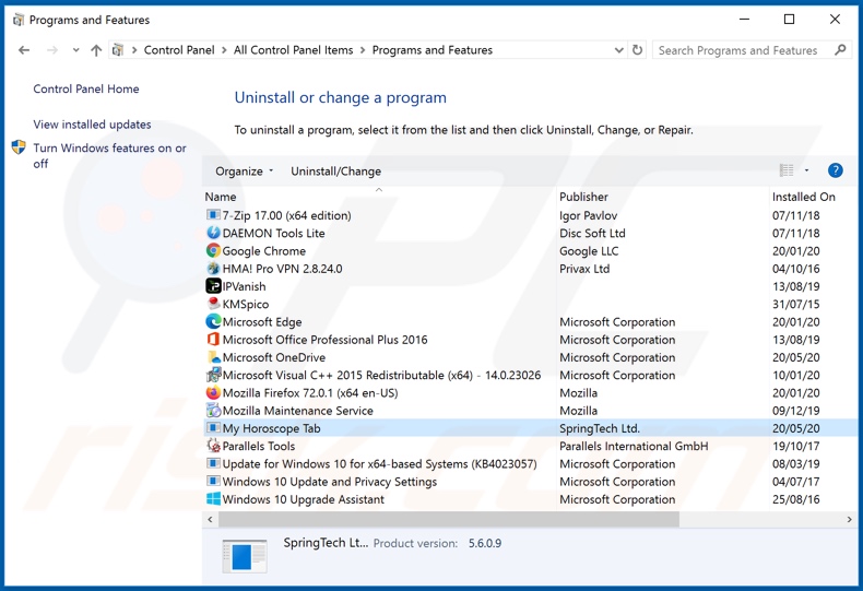 hmyhoroscopetab.com disinstallazione del browser hijacker tramite il Pannello di controllo