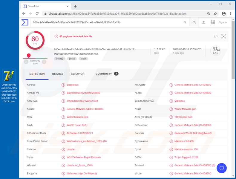 MyDoom rilevamenti di malware su VirusTotal