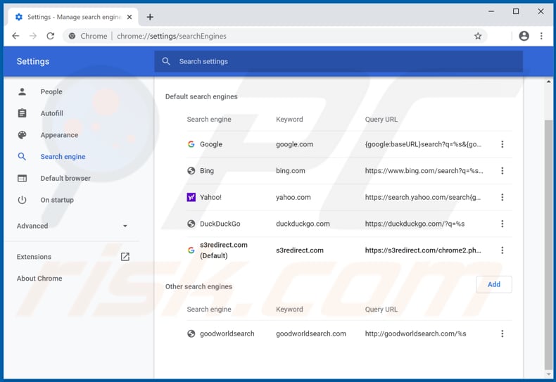 Removing s3redirect.com from Google Chrome default search engine