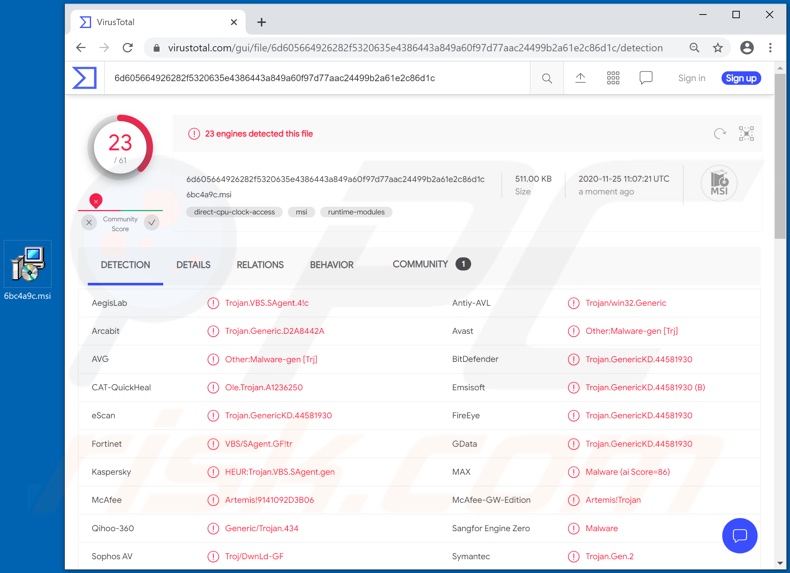 Rilevamenti di malware Chaes (programma di installazione falso) su VirusTotal