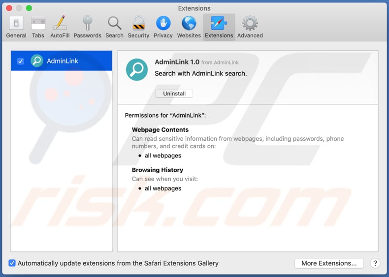 adminlink adware estensione safari