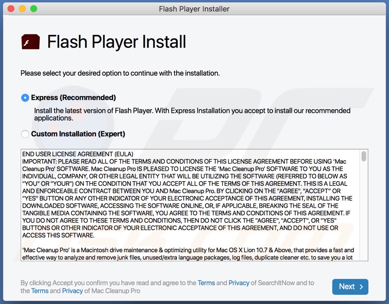 NeedSearch adware distribuito tramite un falso programma di aggiornamento / installazione di Adobe Flash Player