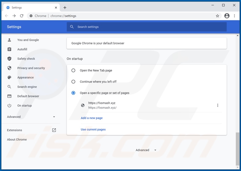 Rimozione di fxsmash.xyz dalla homepage di Google Chrome