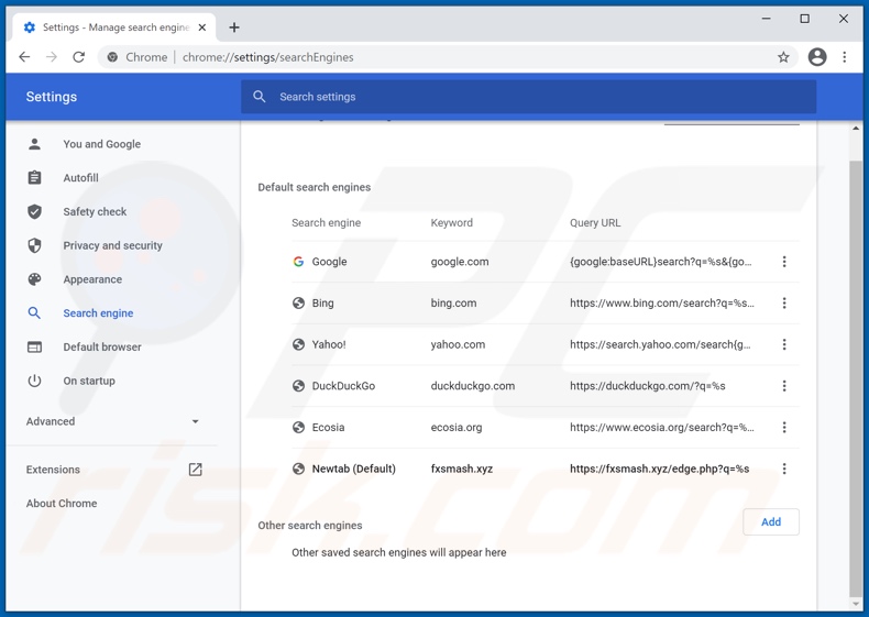 Rimozione di fxsmash.xyz dal motore di ricerca predefinito di Google Chrome