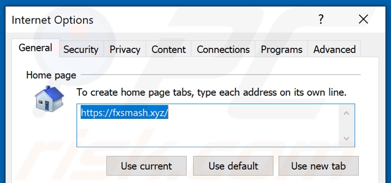 Rimozione di fxsmash.xyz dalla homepage di Internet Explorer