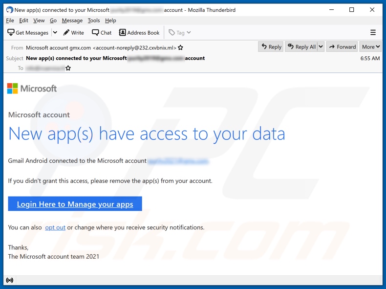 New app(s) have access to your Microsoft Account campagna di spam via e-mail
