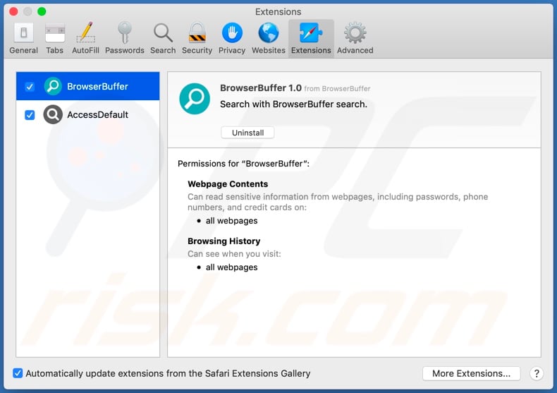 BrowserBuffer adwareAdware BrowserBuffer installato sul browser Safari: installed onto Safari