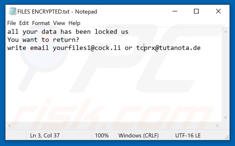 Screenshot del file di testo del ransomware TCYO (FILES ENCRYPTED.txt)