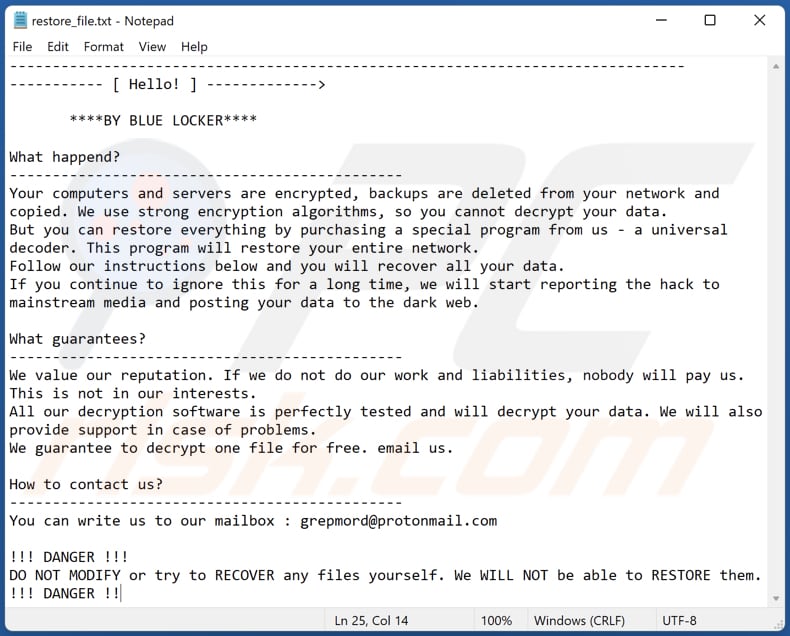 BLUE LOCKER ransomware file di testo (restore_file.txt)