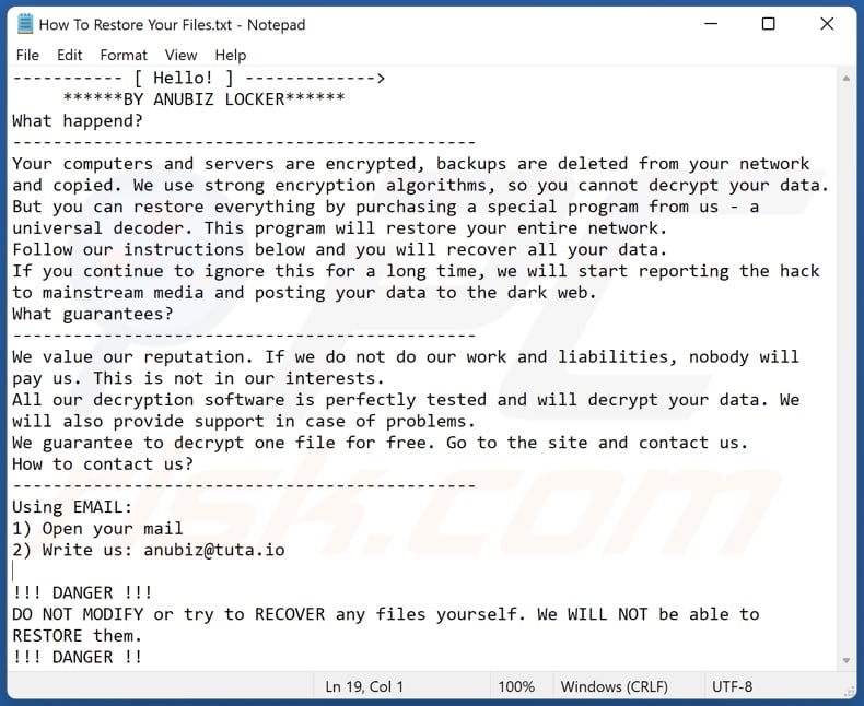 ANUBIZ LOCKER messaggio di richiesta di riscatto del ransomware (How To Restore Your Files.txt)