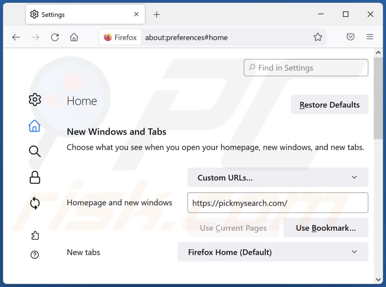 Rimozione di pickmysearch.com dalla home page di Mozilla Firefox