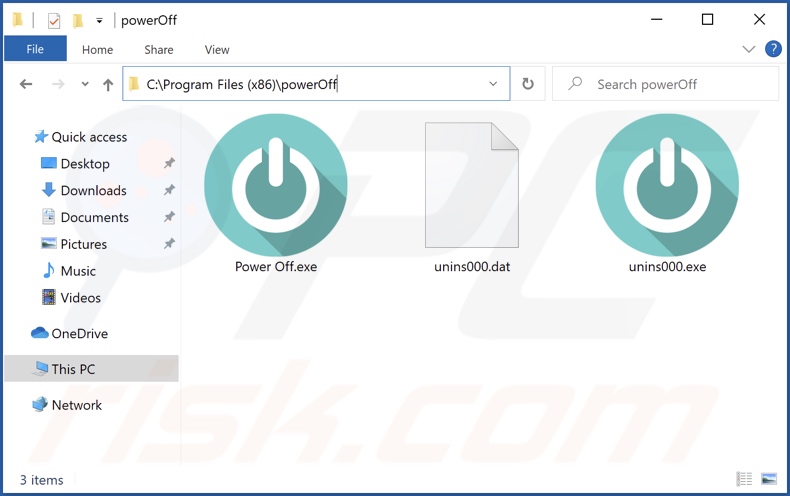 Screenshot della cartella di installazione dell'adware Power Off