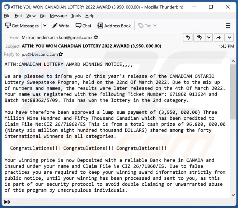 CANADIAN LOTTERY truffa via e-mail