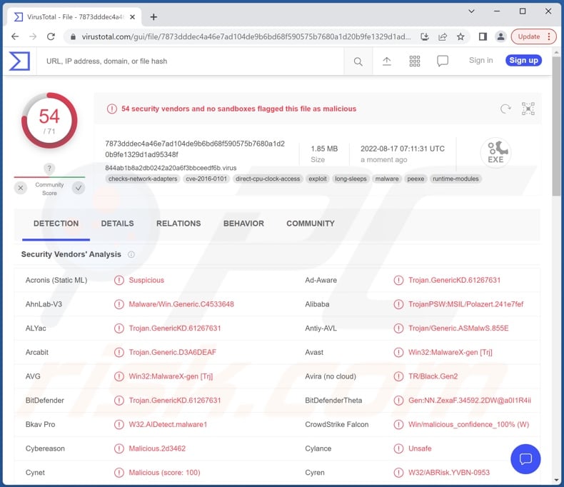 Rilevamenti di malware Lumma su VirusTotal