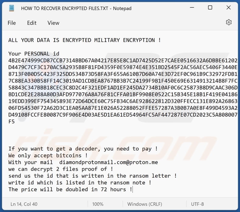 Diamond ransomware file di testo (HOW TO RECOVER ENCRYPTED FILES.TXT)