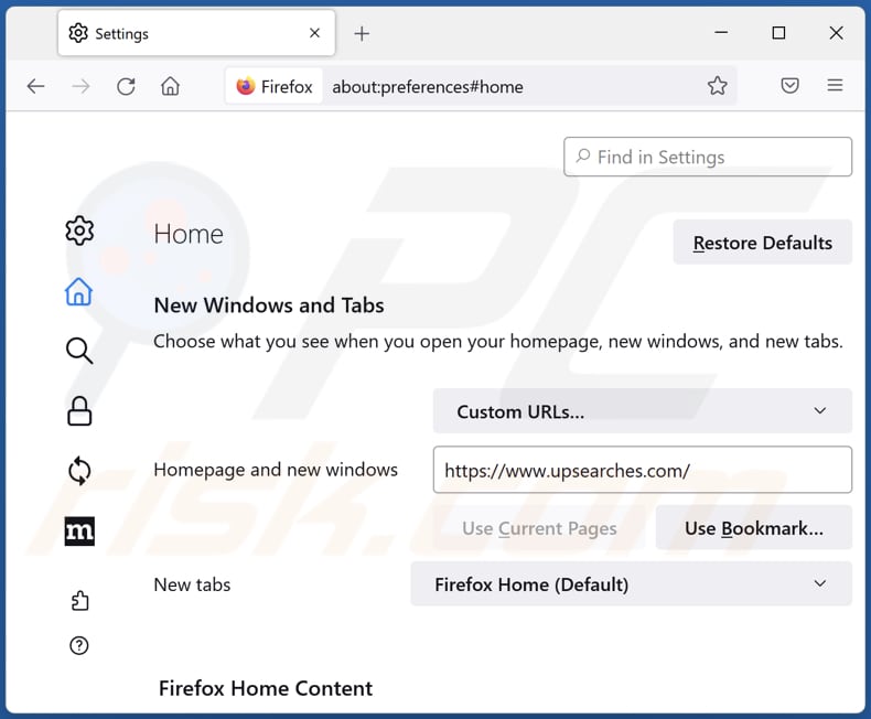 Rimozione di upsearches.com dalla homepage di Mozilla Firefox