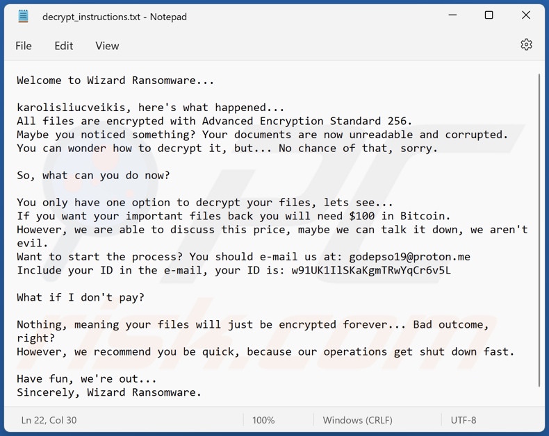 Screenshot del file di testo del ransomware Wizard (