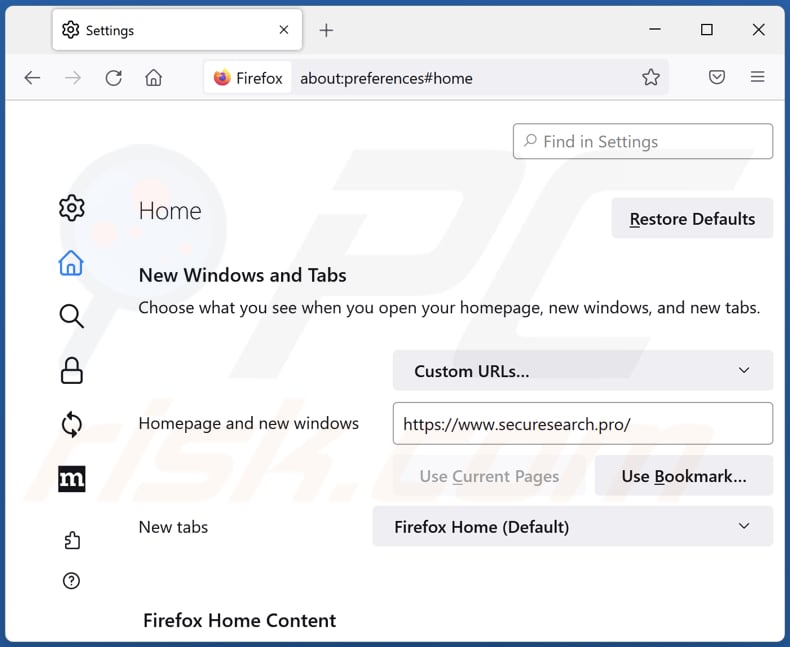 Rimozione di securesearch.pro dalla homepage di Mozilla Firefox