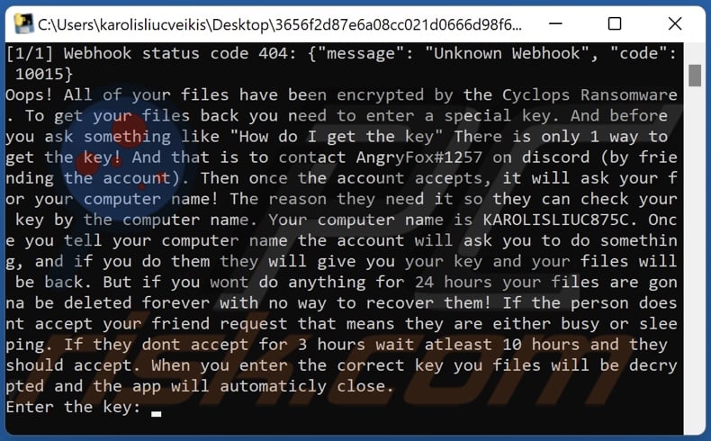 Screenshot della richiesta di riscatto di Cyclops ransomware presentata nel prompt dei comandi (cmd)