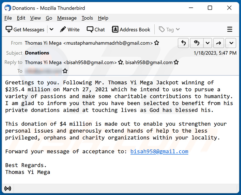 Email di spam a tema donazione (2023-01-19)