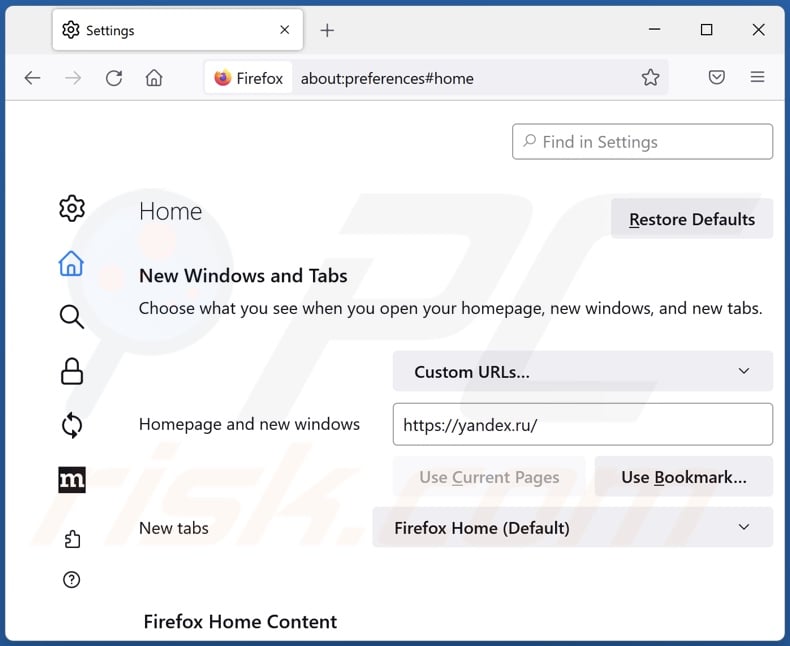 Rimozione di yandex.ru dalla homepage di Mozilla Firefox