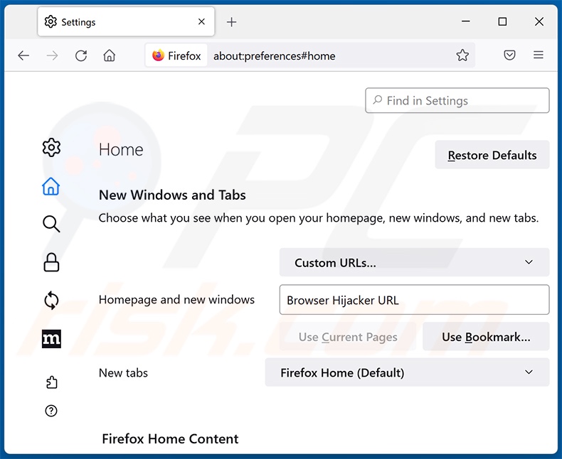 Rimozione di dmiredindee.com dalla home page di Mozilla Firefox