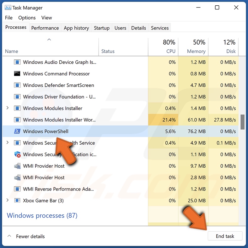 Terminare il processo del dirottatore del browser Ring tramite il Task Manager di Windows