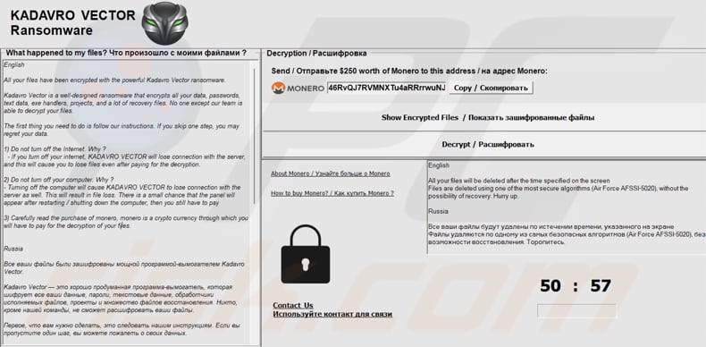 Kadavro Vector ransomware nota di riscatto