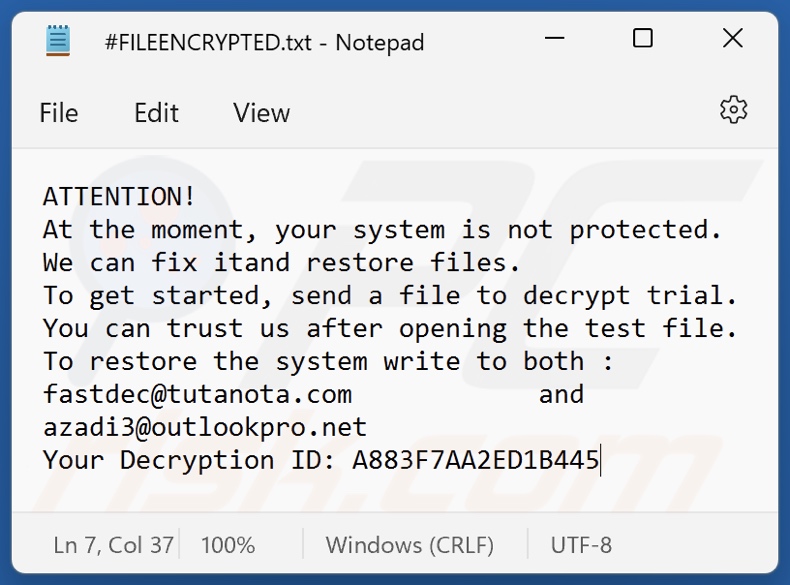 FAST ransomware nota di riscatto (#FILEENCRYPTED.txt)