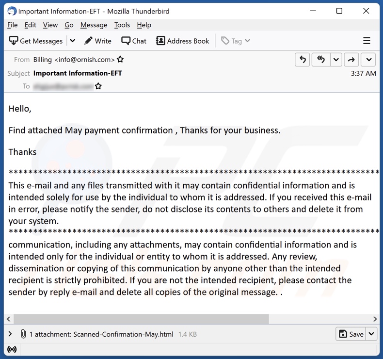 Payment Confirmation campagna di spam via e-mail