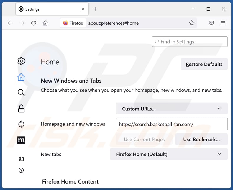 Rimozione di search.basketball-fan.com dalla homepage di Mozilla Firefox