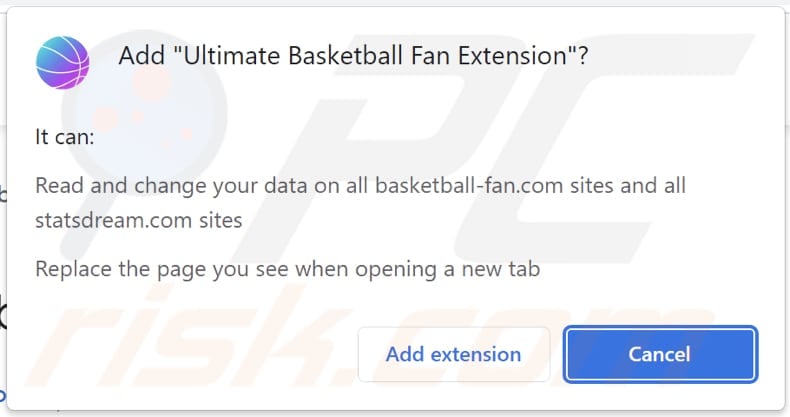 Ultimate Basketball Fan Extension dirottatore del browser che chiede le autorizzazioni