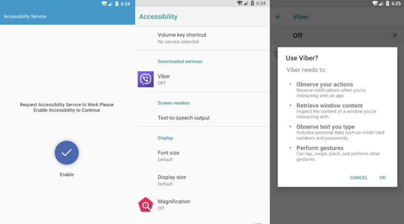 Falsa applicazione Viber utilizzata per distribuire le richieste HelloTeacher per abilitare il servizio di accessibilità (fonte: cyble.com)