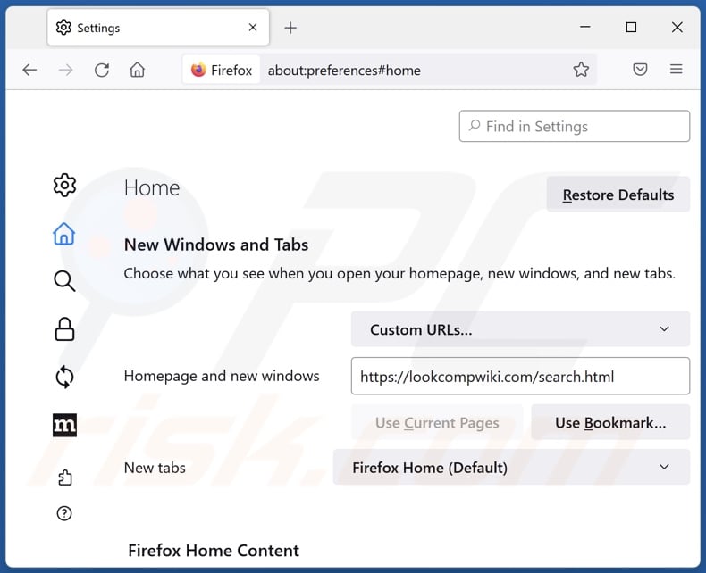 Rimozione di lookcompwiki.com dalla home page di Mozilla Firefox